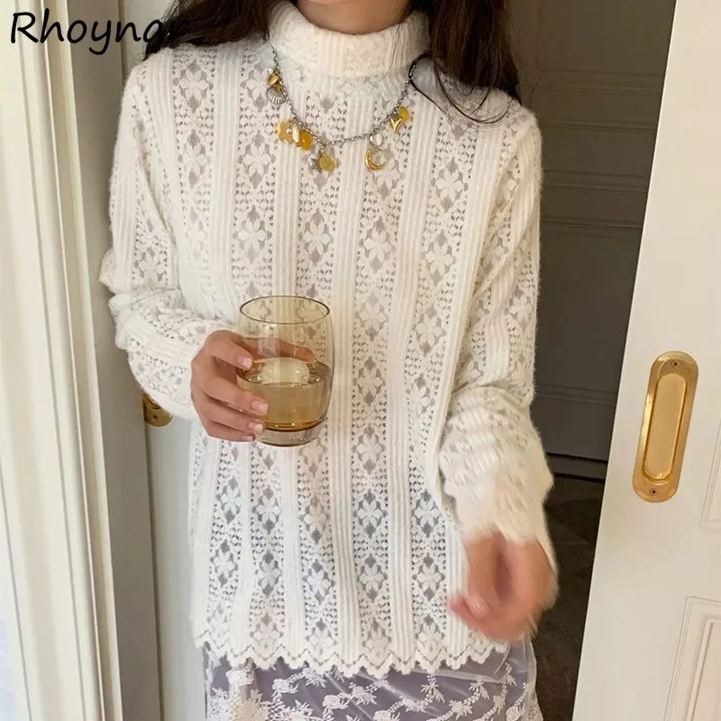 

Long Sleeve Chiffon Shirts Lace Gentle All-match Hollow Out Slim-fit Half High Collar Sweet Elegant Ladies Casual Tops Fashion