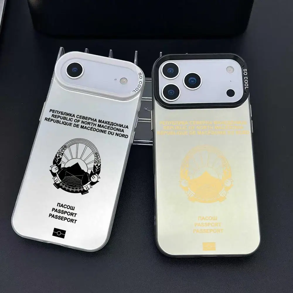 Funda de teléfono con diseño de pasaporte de Macedonia para iPhone 17, 16, 15, 14, 13, 12, 11 Pro Max, funda de teléfono a prueba de golpes con láser mate Aurora