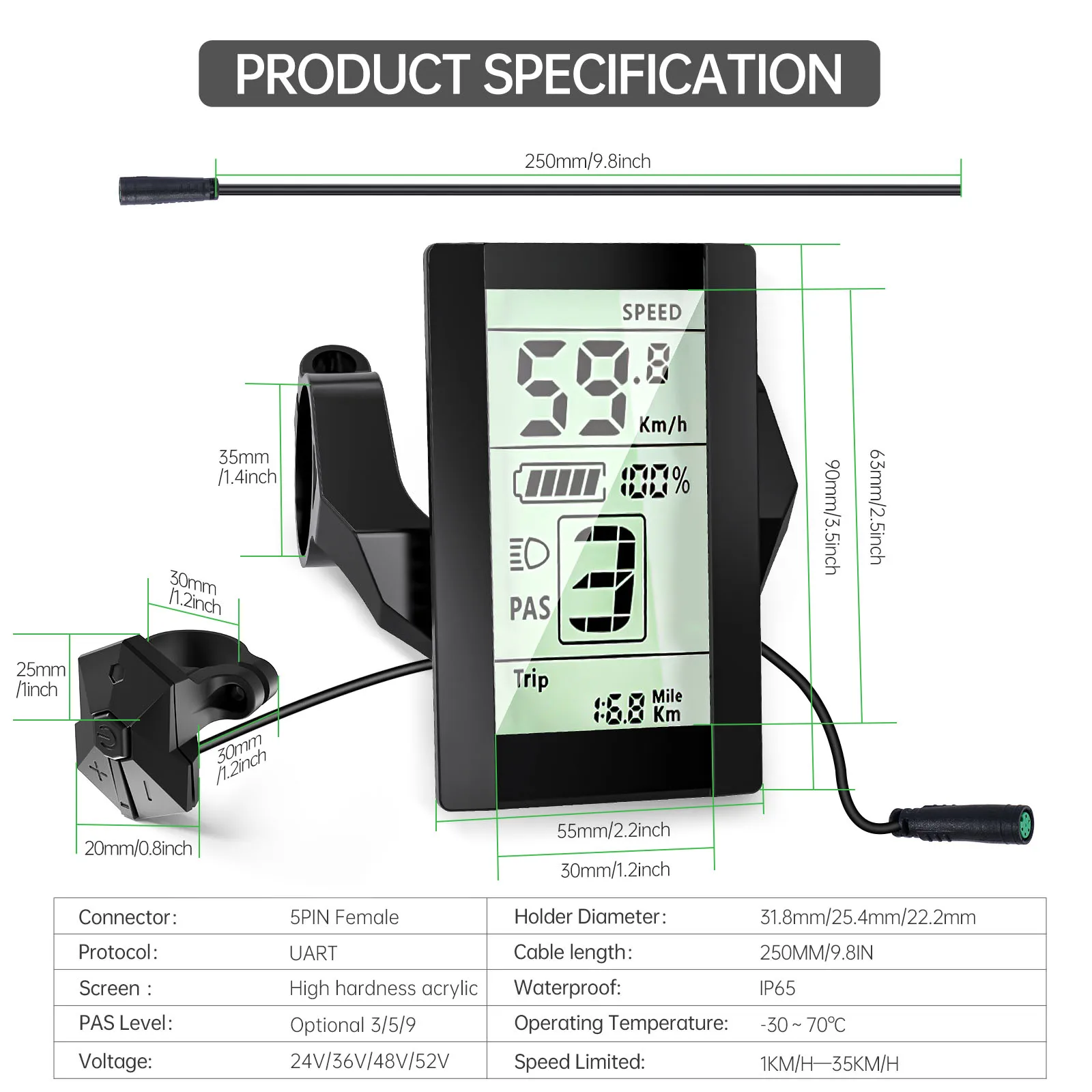 شاشة لوحة 800S، شاشة عرض الدراجة الإلكترونية، عداد الدراجة الكهربائية 5 دبوس 24 فولت 36 فولت 48 فولت 52 فولت شاشة لوحة سكوتر عالمية #5
