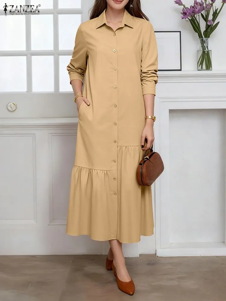 Elegante abito camicia autunnale 2025 ZANZEA donna elegante bavero collo manica lunga abiti da ufficio solido OL lavoro vestito estivo bottone Robe