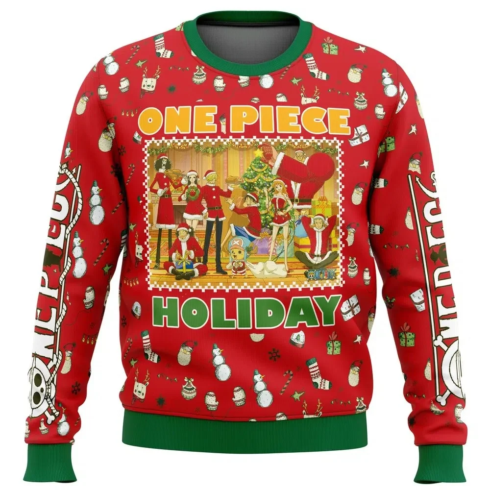 2026 Japanese Anime One Piece 3D Christmas Round Neck Hoodie Men Women Autumn Winter Warm Comfort Ugly Sweater Harajuku Clothing