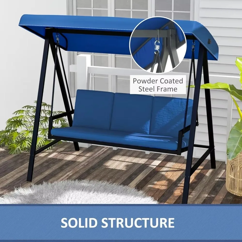 3 Seat Outdoor Porch Swing with Stand, Heavy Duty Terrace Swing Chair with Adjustable Ceiling, Garden & Pool Side Cushions