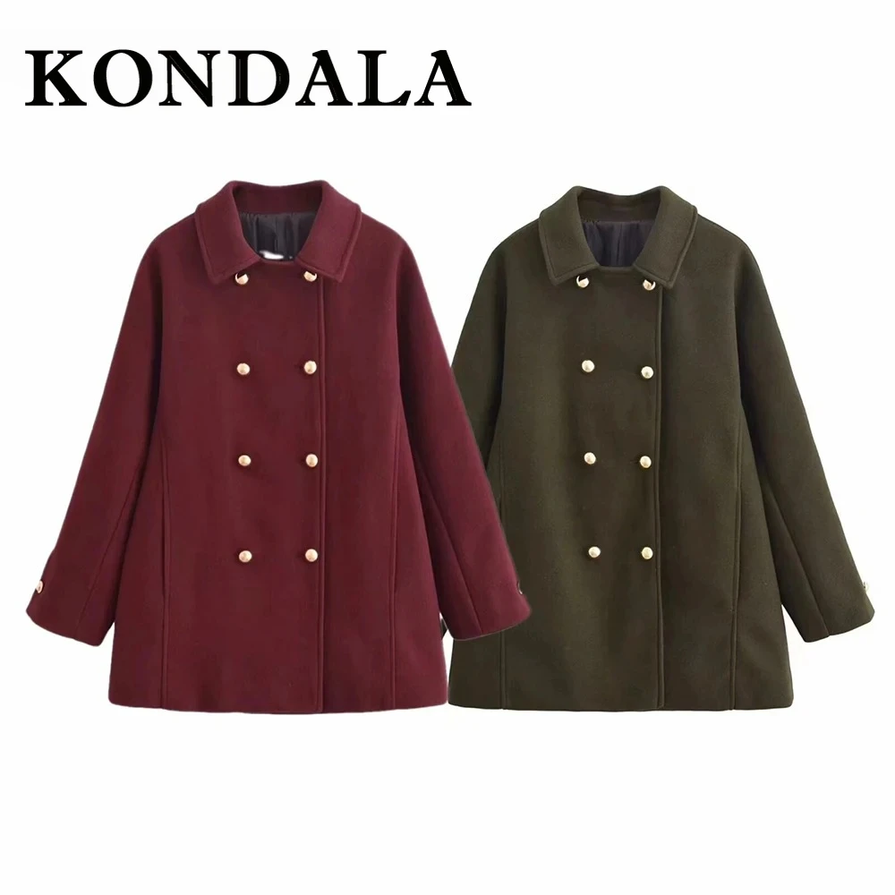 KONDALA Blended Double Breasted Buckle Streetwear Red Short Coat Fashion 2025 Casual Outerwear Turn Down Collar Spring Trench