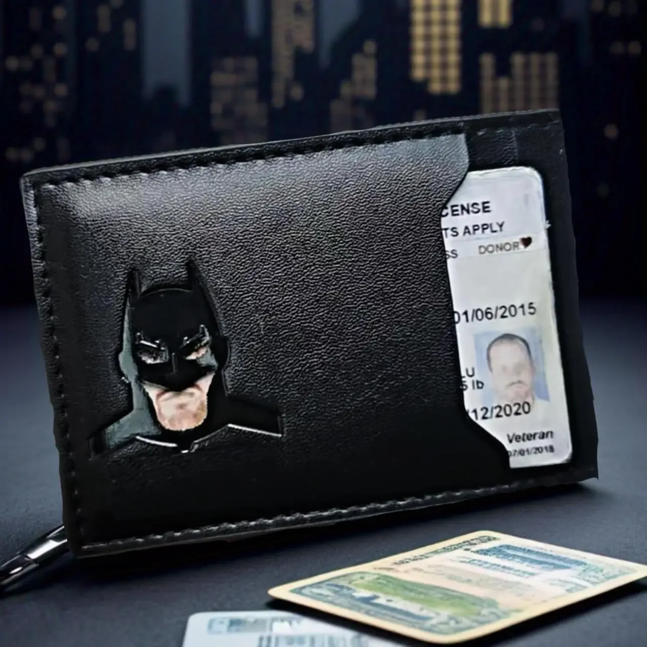 Portefeuille d'identification chauve-souris en cuir mince, étui porte-cartes avec masque de super héros, cadeau pour papa, fils, petit ami, mari, anniversaire