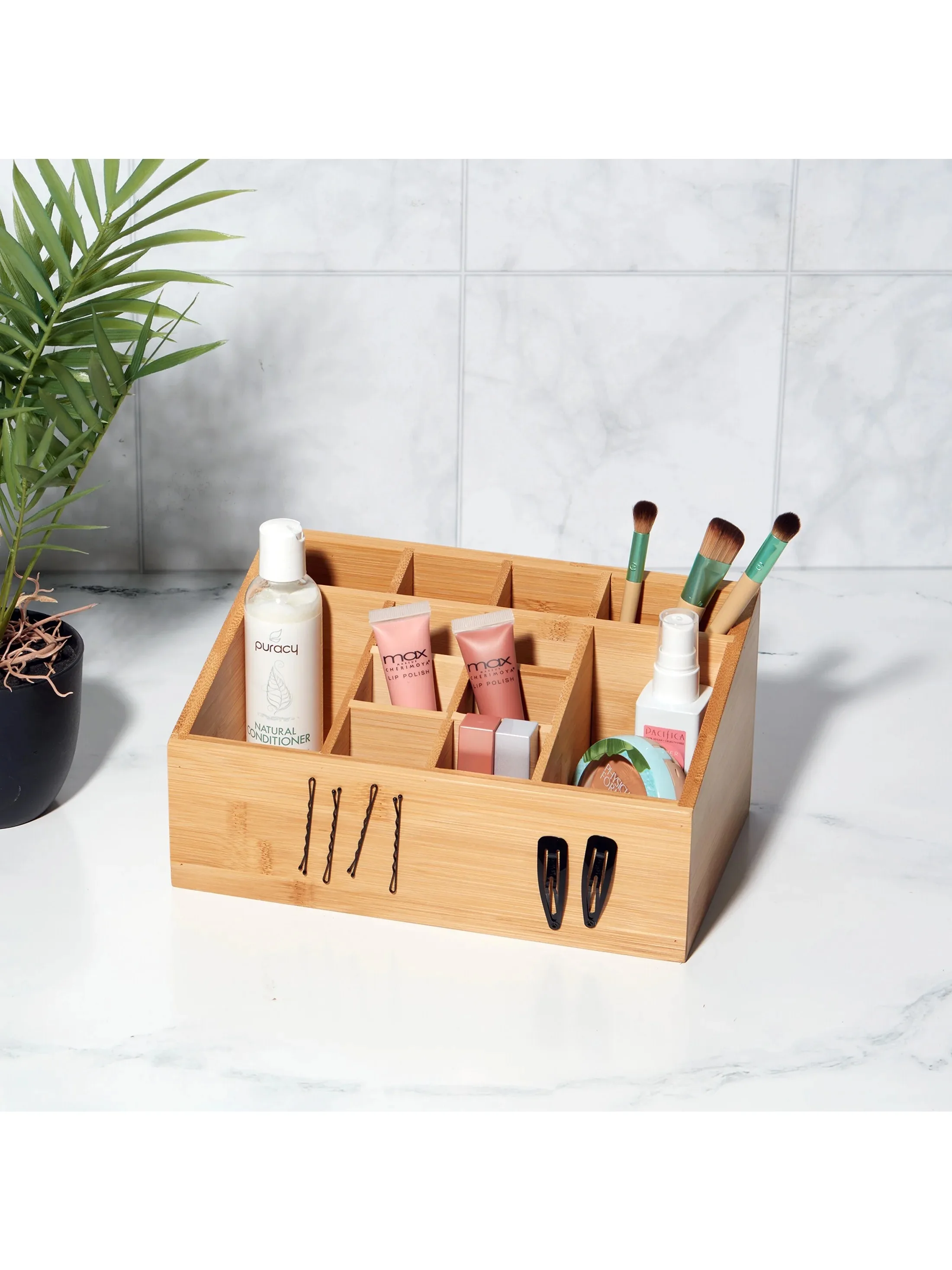 Organizador de cosméticos y artículos de tocador de baño de bambú