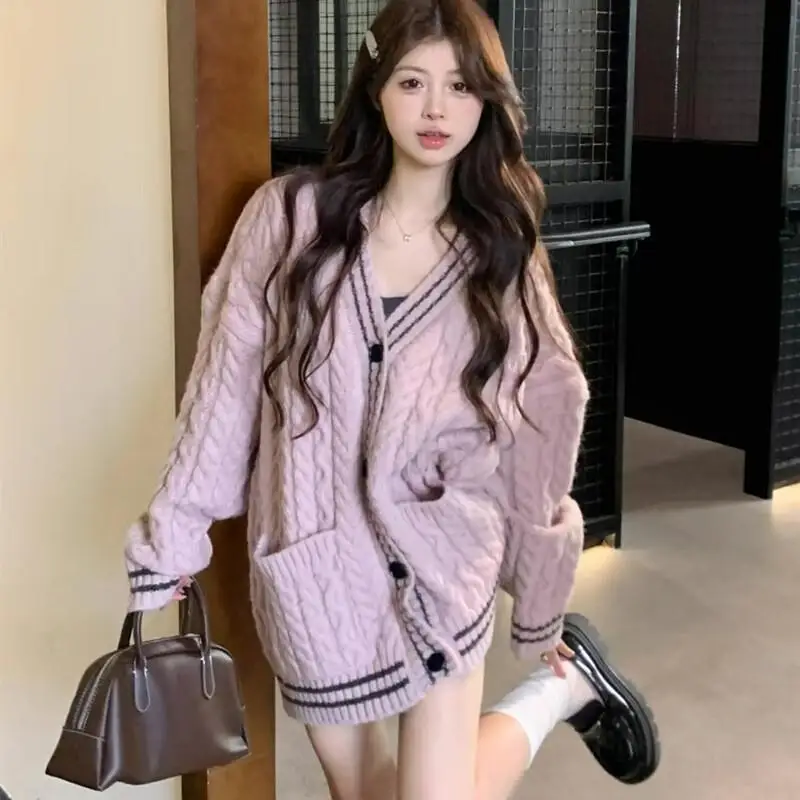Academy Style Cable Knit Sweater Coat Women Autumn Winter Lazy Mid Long Soft Knitted Cardigan Top Cozy Warm Casual Cardigan