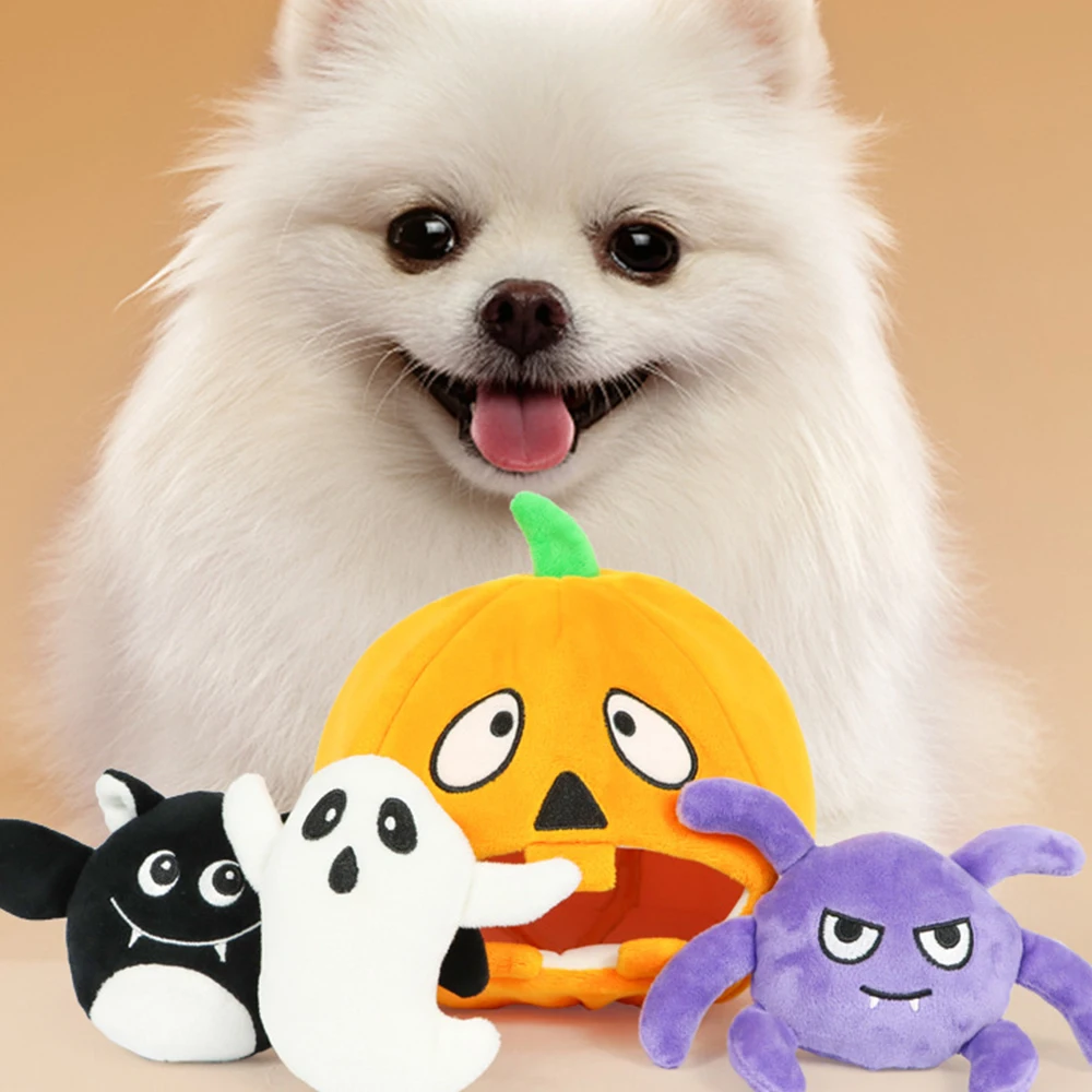 Halloween Dog Toys 4 Pieces Halloween Theme Interactive Squeaky Dog Toys Include Pumpkin Bat Spider Ghost for Dog to Play Grind