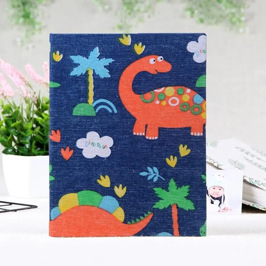 

Small Dino Photo Album for Kids 100 Pockets 4x6 Linen Cover Bookshelf Picture Album Slip-in Memory Book for Baby Family