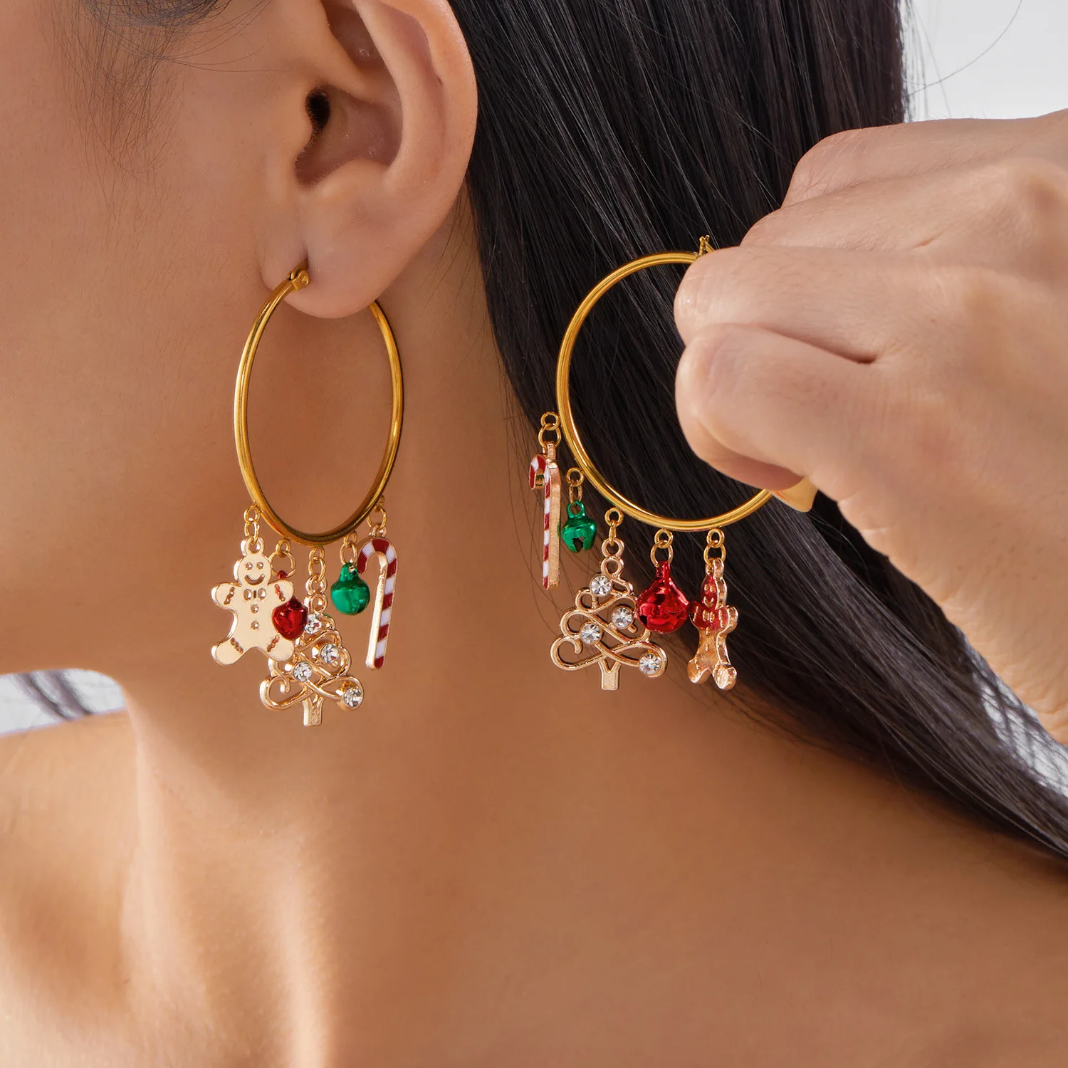 Christmas tree bells canes gingerbread man pendant earrings women's versatile metal texture holiday exaggerated Christmas earrin