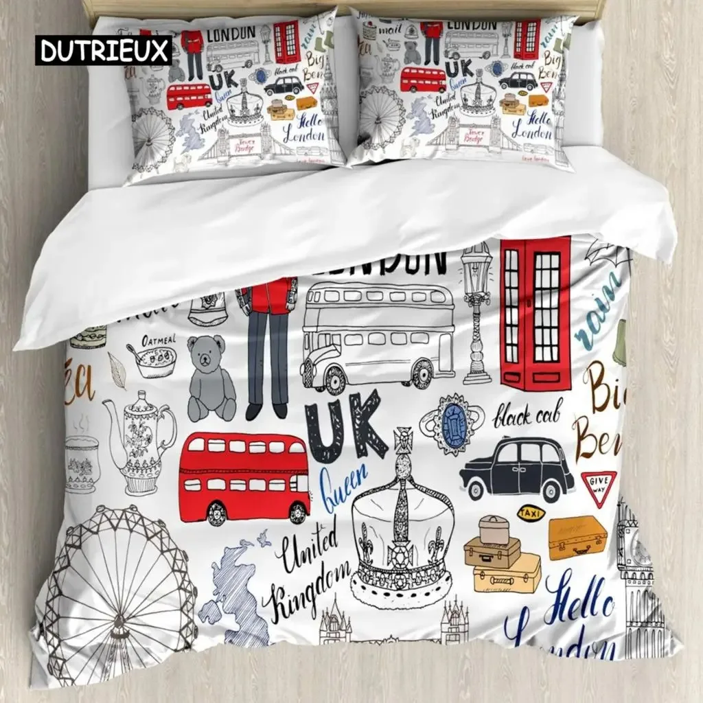 Hipster Duvet Cover London Double Decker Bus Telephone Booth Cab Crown of United Kingdom Big Ben Polyester Quilt Cover Full King