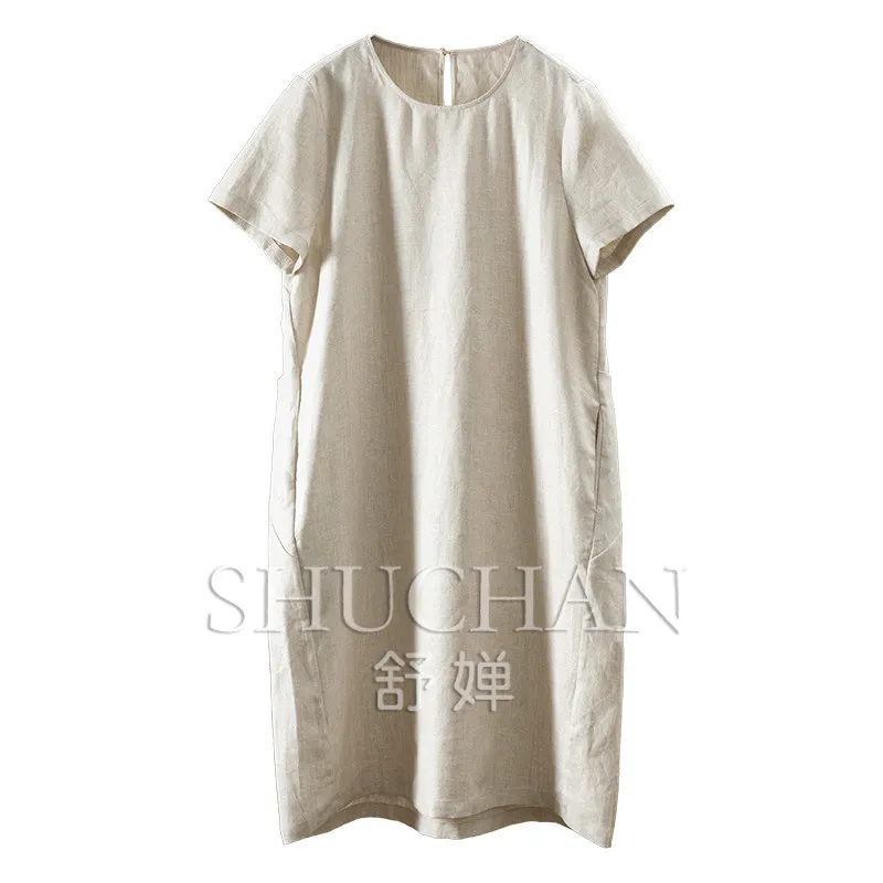 

Micro Cocoon Dresses Summer Texture Silver Silk Linen Round Neck Loose Short-sleeved A-word Dress Women's 7W11