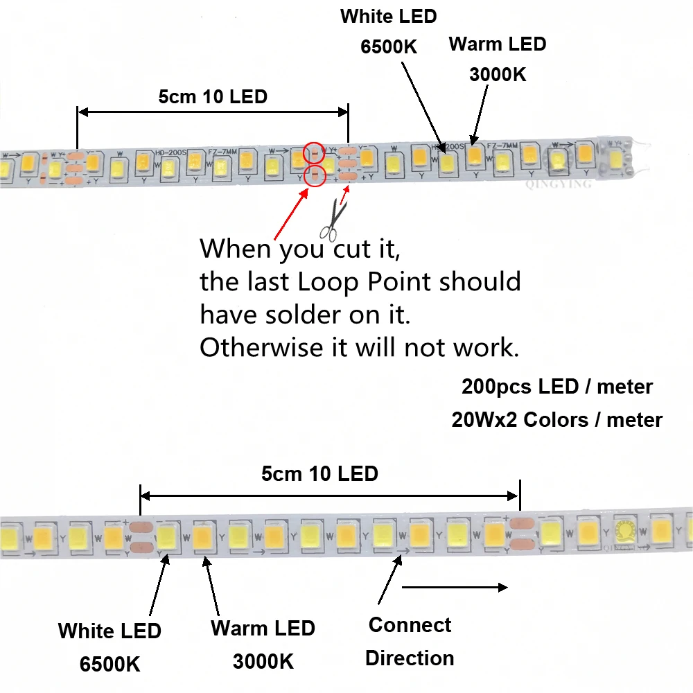 3 Meters 2Pin 3Pin 2835 LED Strip 5B10Cx2 200LED/meter 3 Colors With 3000K+6500K Constant Current Flexible Ribbon For Chandelier