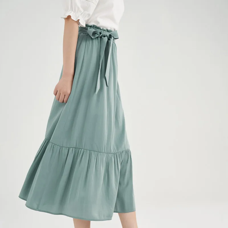 INMAN Elegant Spring Women\'s Skirt Casual A-line Literary Lotus Leaf Skirts For Women Loose Pleated Office Lady Skirt With Belt