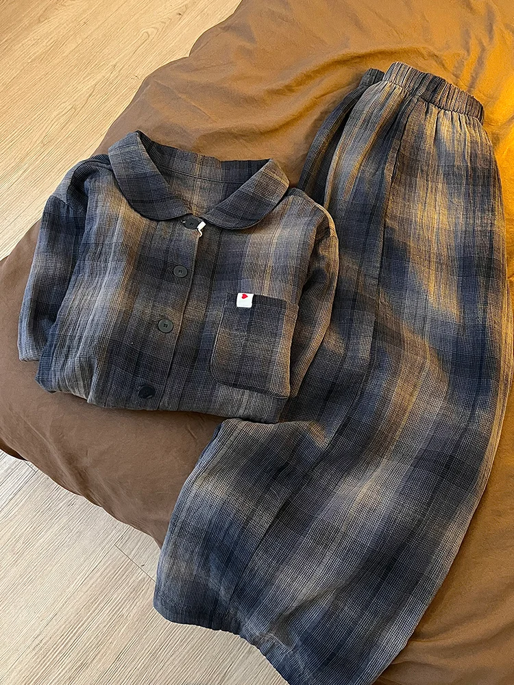 

Элегантная хлопковая ночная сорочка в клетку с градиентным узором, женская, весна-осень 2026, новая, мягкая, приятная для кожи, больших размеров, домашняя одежда, комплект из двух предметов