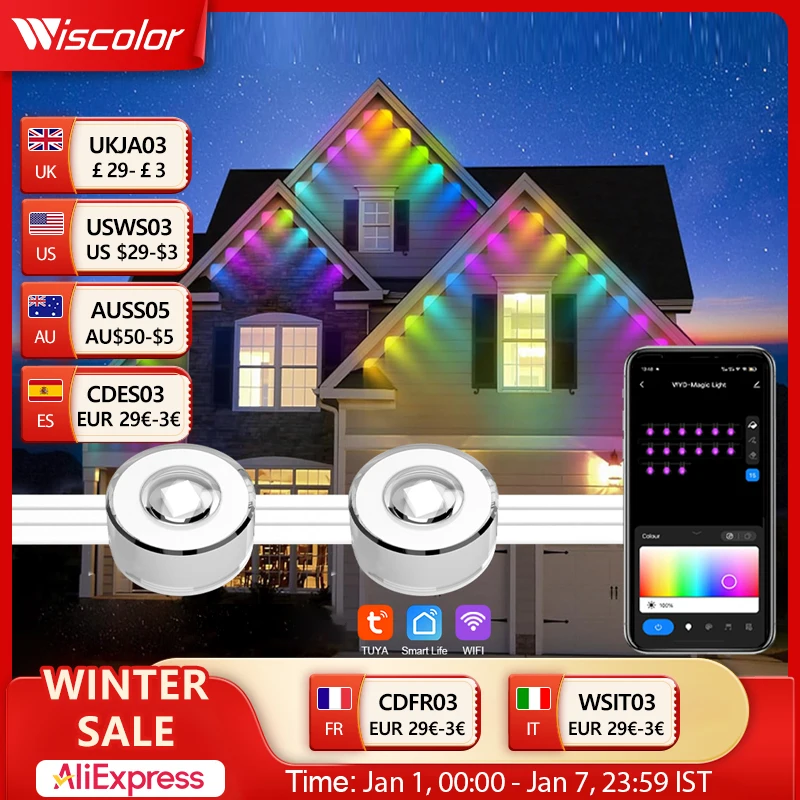 Wiscolor Luzes de beiral inteligentes WIFI RGBIC Luzes externas permanentes Controle de APP Cordas de iluminação externa à prova d'água Funcionam com Alexa, Google Assistant