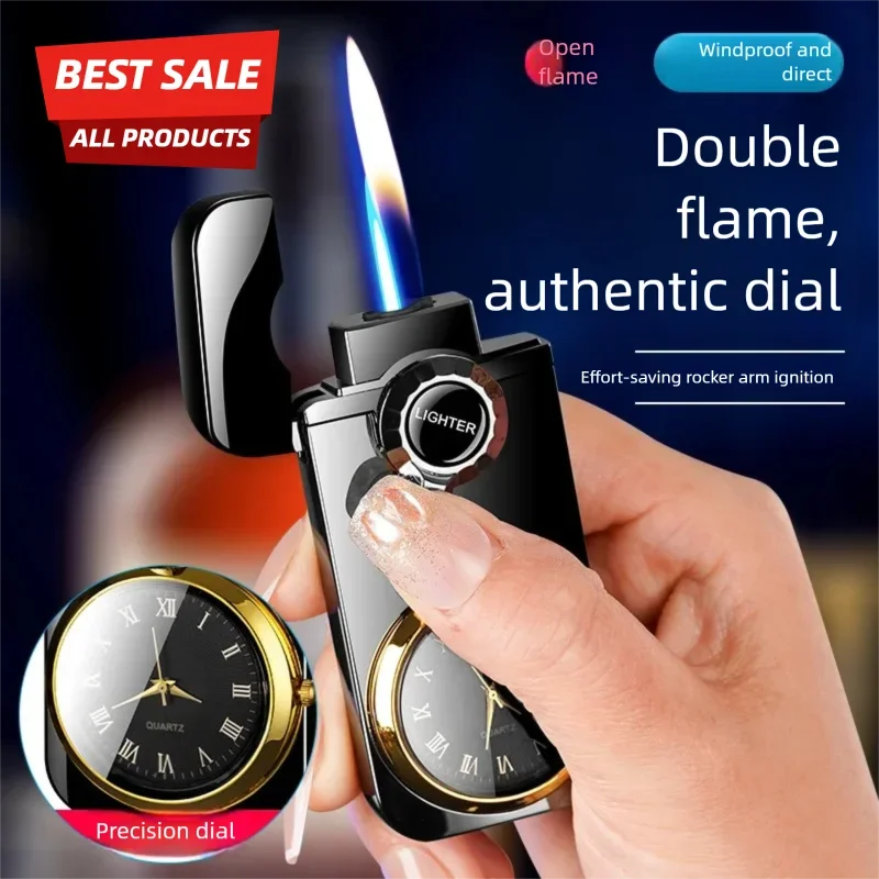 Zinc alloy exquisite quartz genuine watch rocker switch inflatable windproof dual flame butane lighter classic