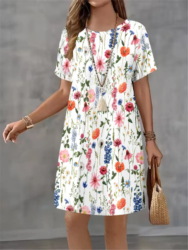 Women Dress 3D Floral Pattern Printing Design Sense Pattern Summer Elegant Women A-Line Dress Casual Short Sleeve Mini Dress