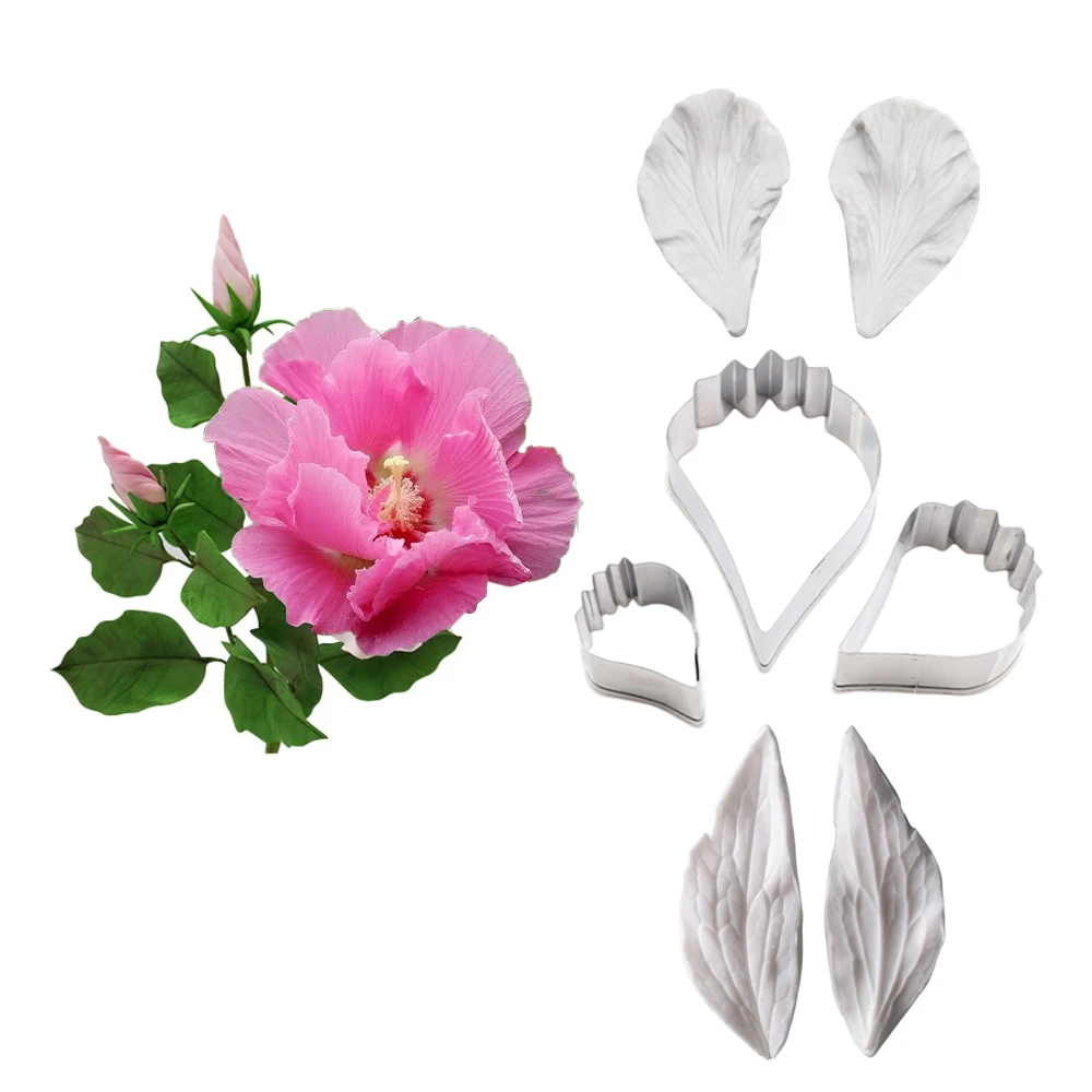 7pcs Hibiscus Petal Leaf Veiner Silicone Mold Stainless Steel Cutter Mold Handmade Fondant Flower Mould Cake Decorating to CS420