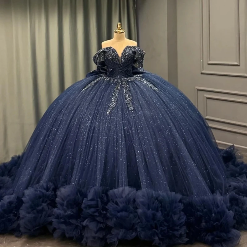 

Navy Blue Shiny Quinceanera Dresses Ball Gown Off Shoulder Applique Lace Beading Crystal Bow Tiered Tull Birthday Payty Sweet 16