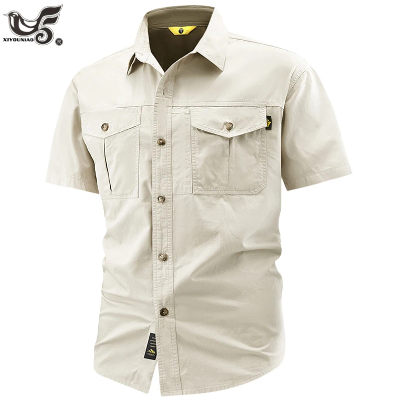 Business Military Shirts Men Tactics Short sleeve Summer Solid color High quality 100% Cotton Vintage Cargo Shirts Men Clothing