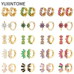Luxury 925 Sterling Silver Ear Needle Flower Colorful Crystal Gold Earring For Women Hoop Earrings Trend Jewelry Accessories