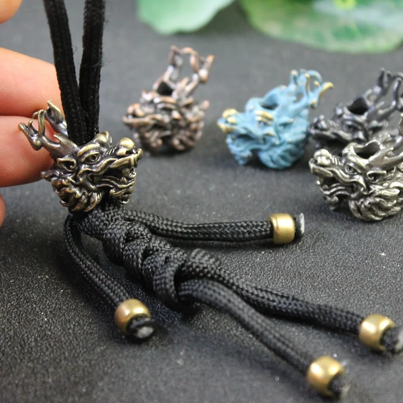 EDC Outdoor Knife Beads Retro Brass Accessories Dragon Head Lanyard Pendants Lucky Beast DIY Paracord Woven Bracelets Hangings