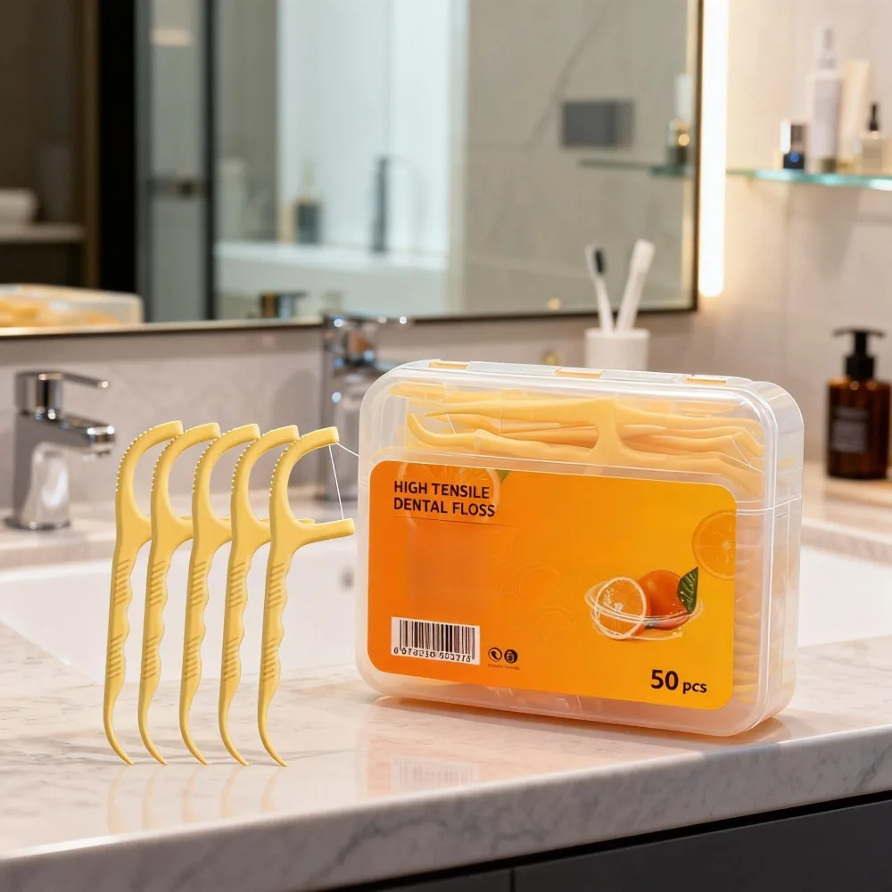 2 Boxes Orange Flavor Yellow Dental Floss Picks, 50 Count Per Box Disposable Teeth Floss Sticks, High Tensile Anti-Shred Flossers with Portable Storage Case for Family Daily Oral Cleaning