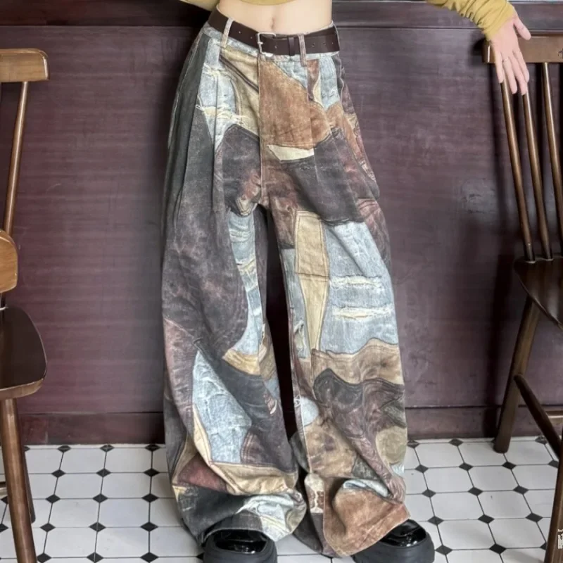 Vintage Print Floor Pants Make Old Wide-leg Jeans Low-waist Pants