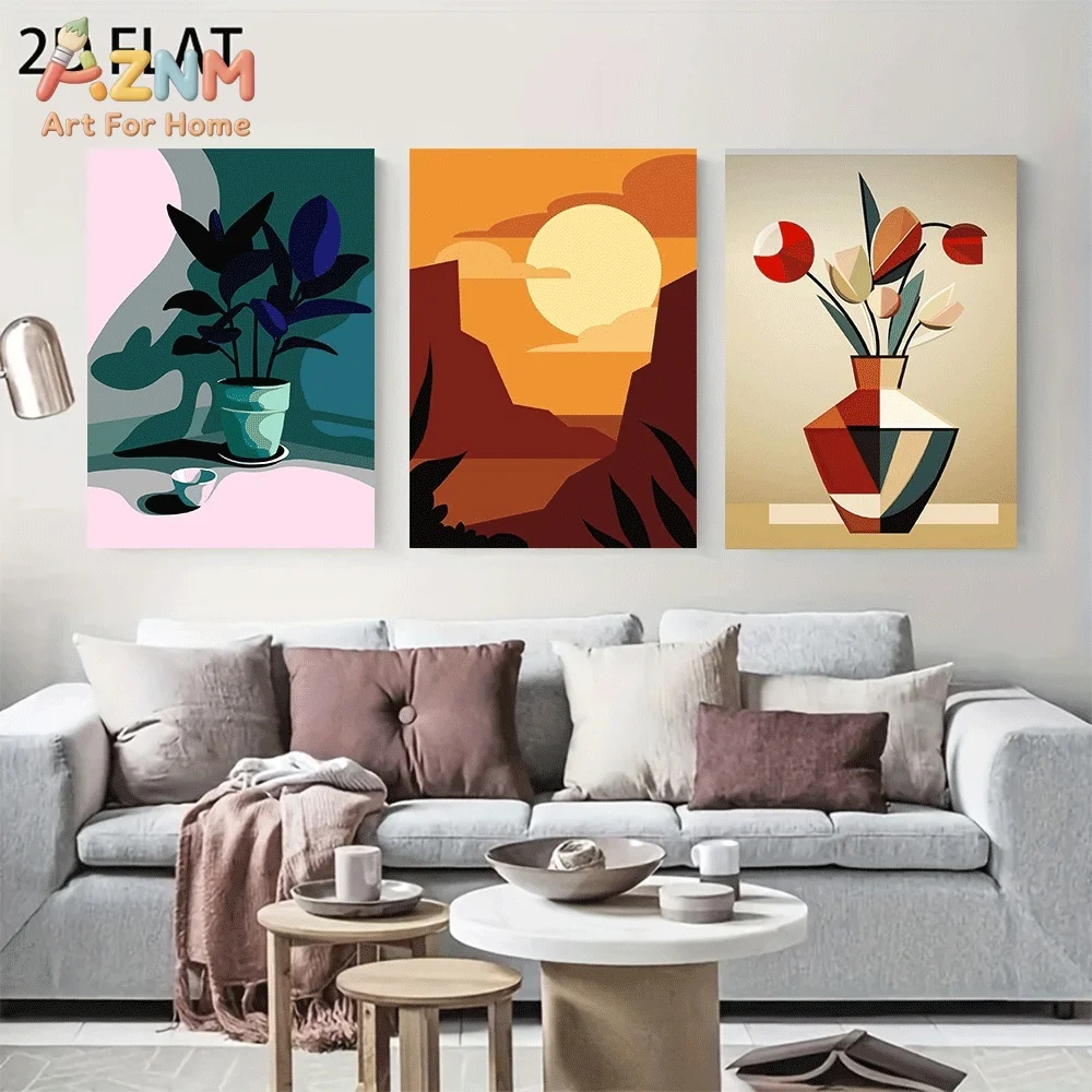 AZNM 3pcs  Abstract Boho Canvas Wall Art Geometric Plant Sunset Mountain Vase Flower Poster Modern Home Decor No Frame Painting