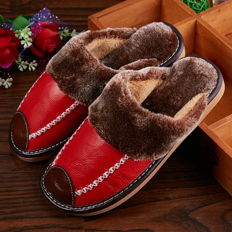 Men and Women Cotton Slippers Winter Home Warm Slippers Autumn Winter Real Leather Slippers Home Baotou Cotton Indoor Slippers