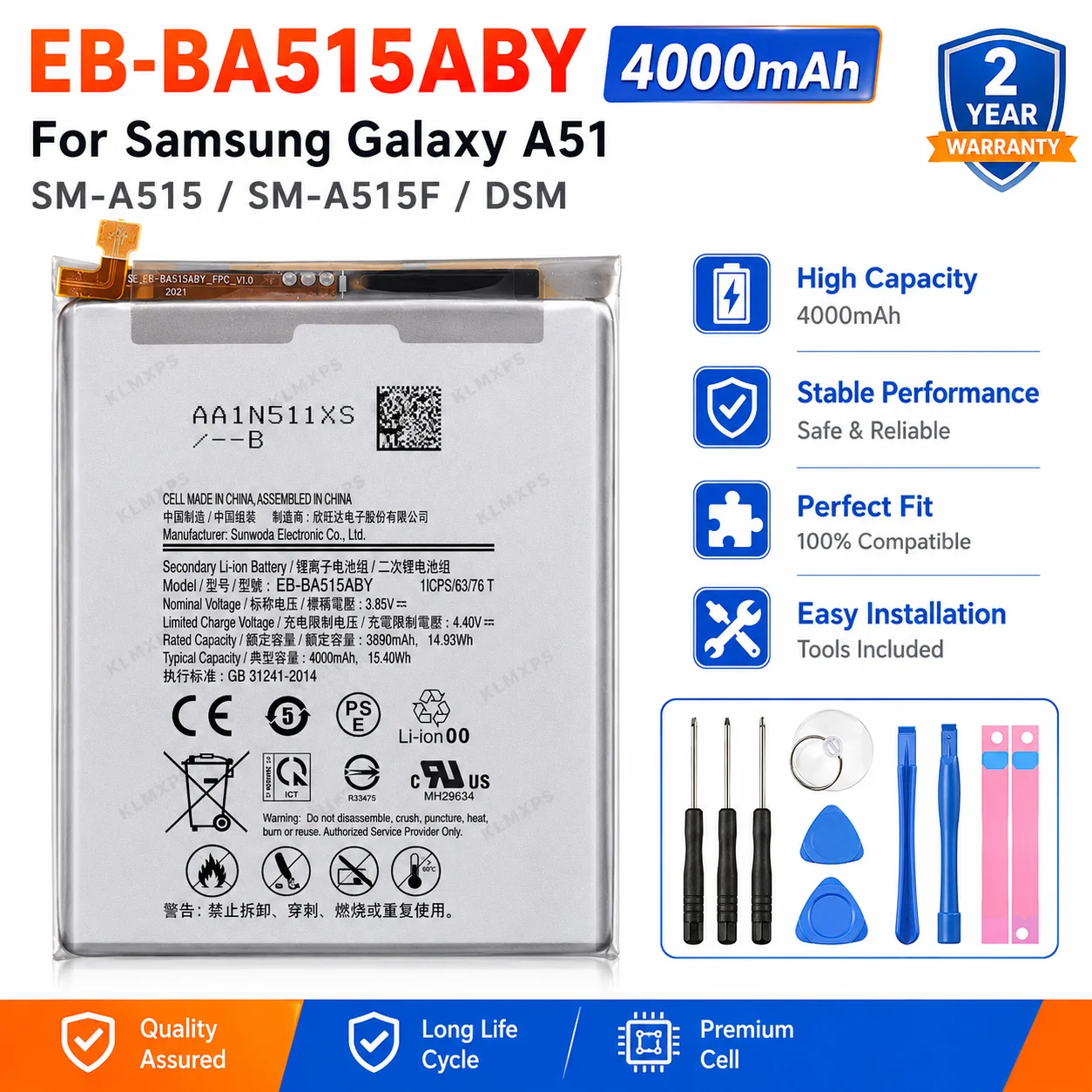 Premium Replacement Battery EB-BA515ABY 4000mAh For Samsung Galaxy A51 SM-A515 SM-A515F/DSM High Capacity Phone Repair Battery