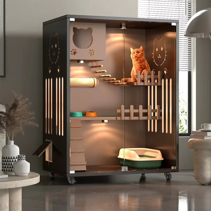Large Spacious Indoor Wooden Cat Villa Produced with 4 Wheels Stylish Animal Pattern Durable  Pet House