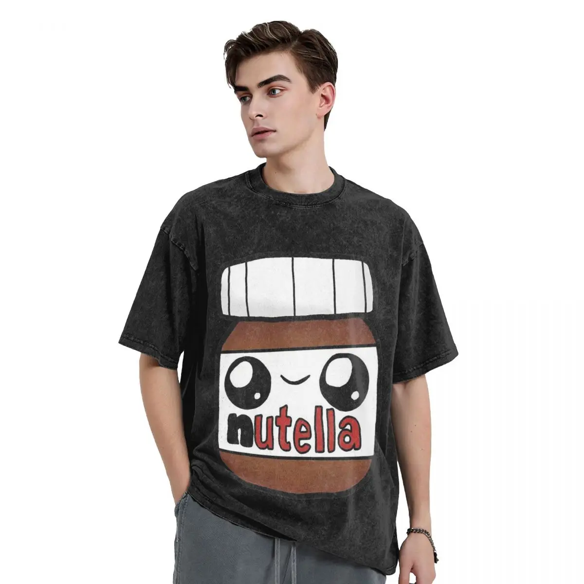 Nutella Cutie Washed T Shirts Vintage Short Sleeve Hip Hop T-Shirt Streetwear Tops Tees for Men Women