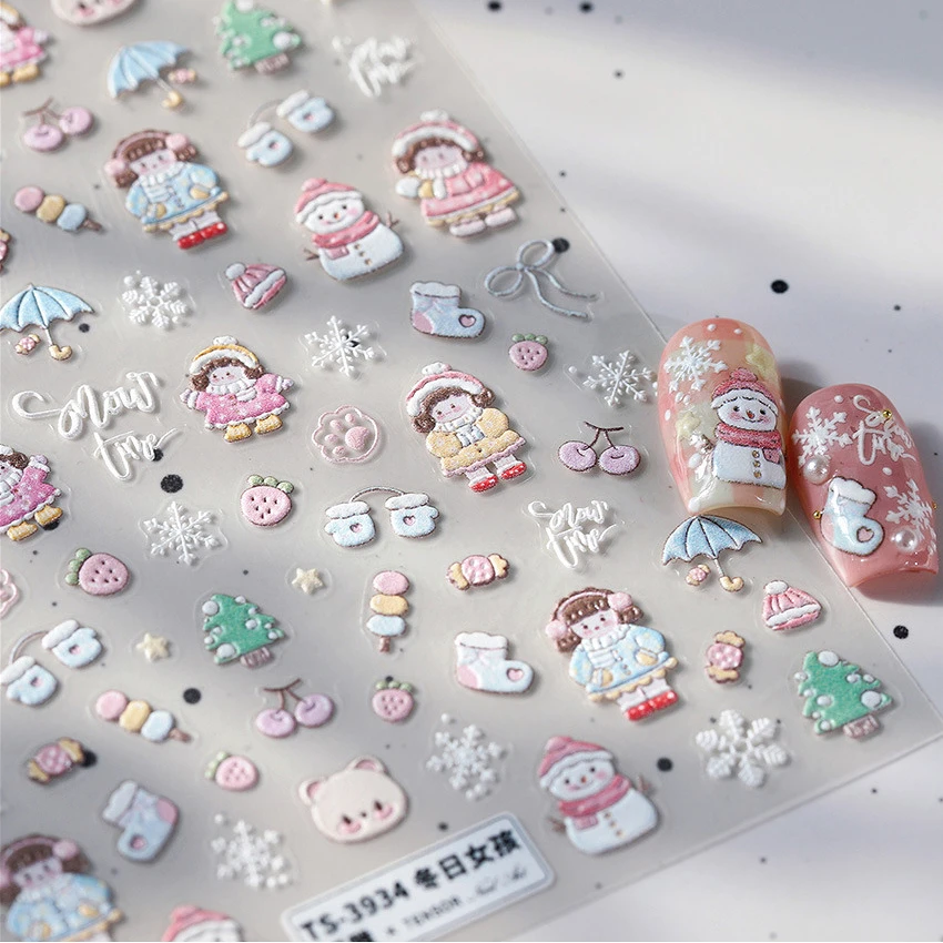 Snow Girl Women Winter Snowman Stawberry Tree Candy Umbrella Cherry 3D Self Adhesive Nail Art Stickers Snowflake Manicure Decals