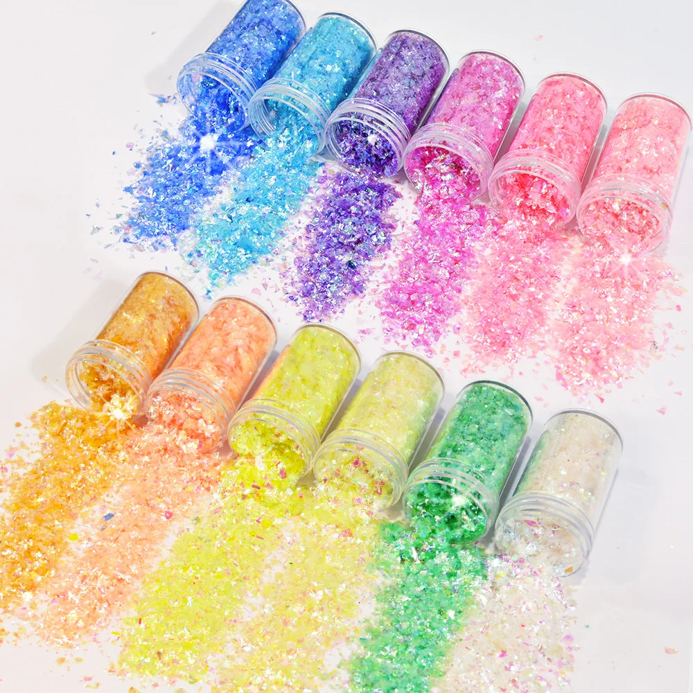 12 Colors Holographic Nail Art Glitter Flakes Set, Iridescent Candy Color Chunky Sequins for Acrylic Nails DIY Manicure Decorati