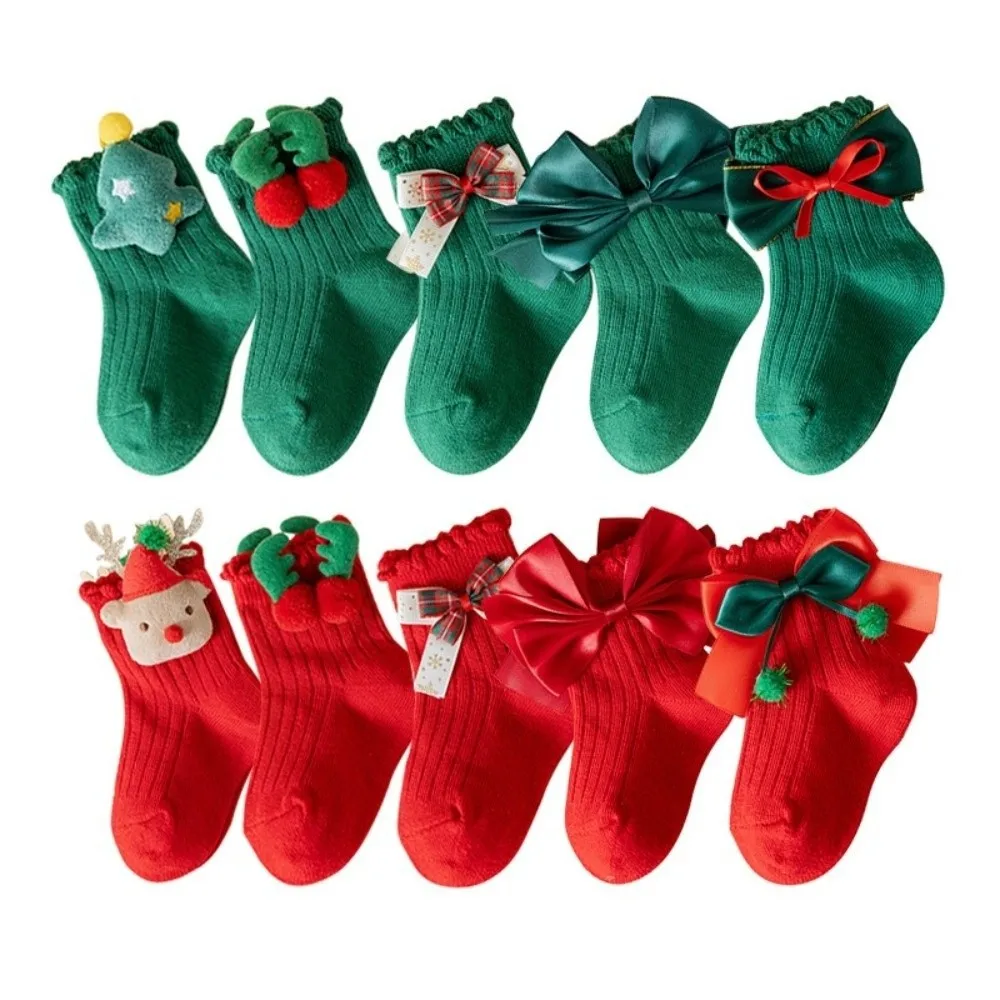 New Bow Calf Sock Red Green Cotton Leg Warmers New Year Socks Autumn and Winter