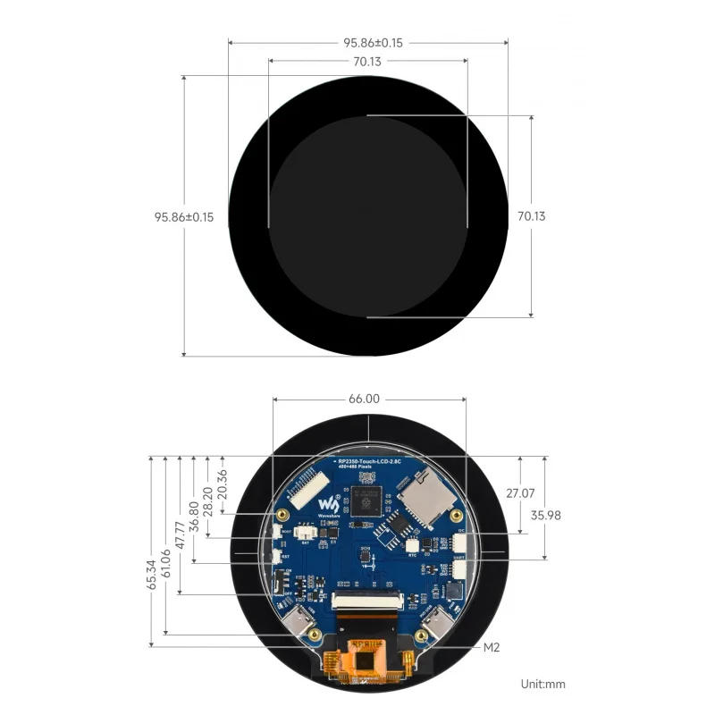 SKU-31792 Waveshare RP2350 2.8inch Round Display Development Board, 480×480, Based On The Raspberry Pi RP2350B Dual-core & Dual-