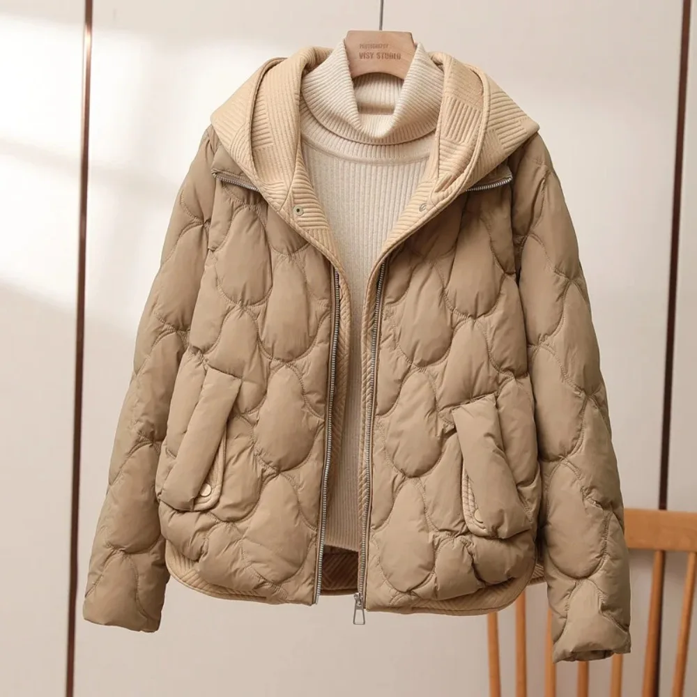 2025 novo inverno feminino falso duas peças de malha emendado puffer jaqueta casual 90% pato para baixo casaco curto solto com capuz parkas