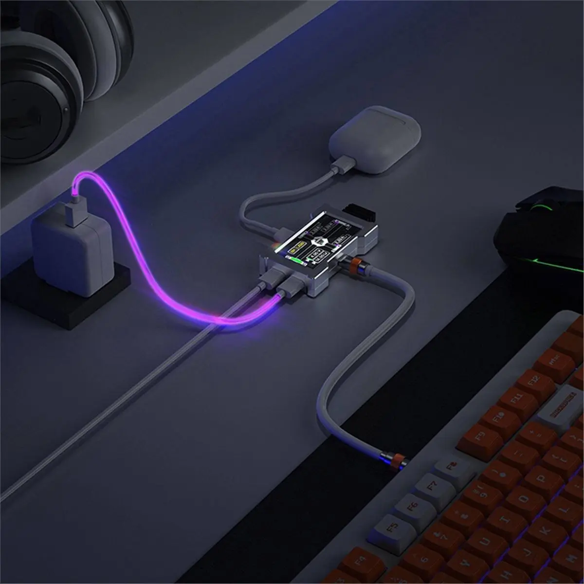 HMLAB ZNEO Gaming USB Hub 2-to-3 Port 8KHz with Screen Trendy for Gaming Ambience Desk Setup with 2x C to C RGB Cable A