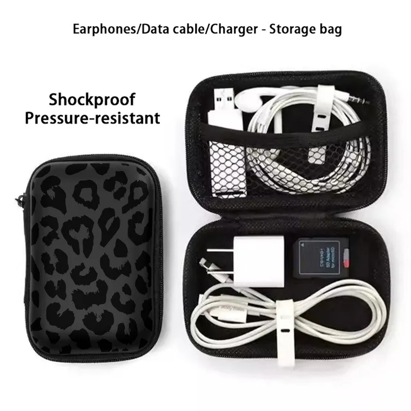 Black Leopard Print EVA Hard Shell Electronics Organizer Shockproof Portable Cable Organizer Bag for Earphone Charger Data Cable view 6