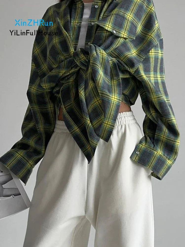 Retro vielseitige Damen Revers Doppelt asche Einreiher lose Hemd Frühling Herbst lässig Plaid gedruckt Langarm Top