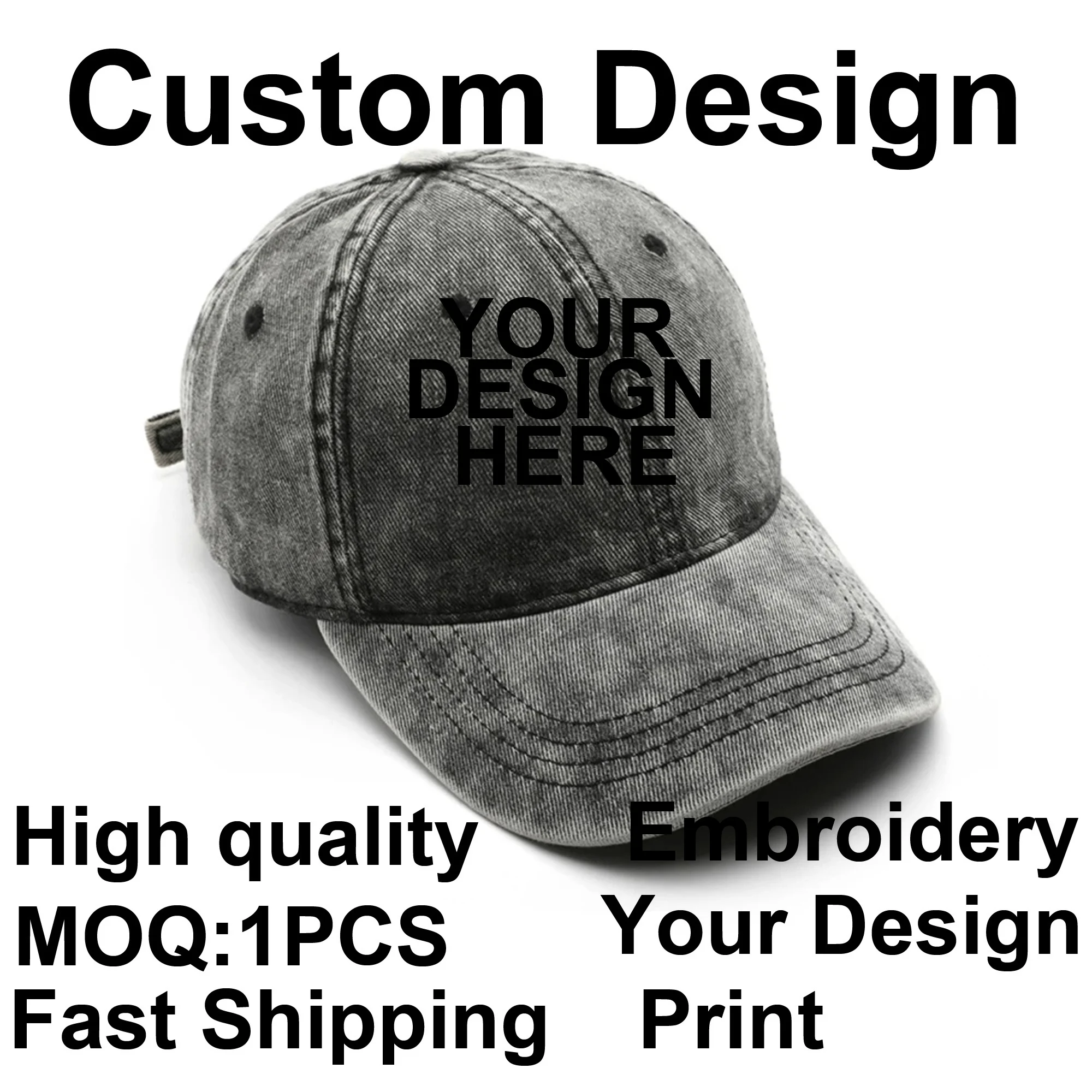 BaronHong Custom Logo Denim Baseball Cap Adult Logo Embroidery Print Brand Design Picture DIY Cowboy Hat Unisex Wholesale