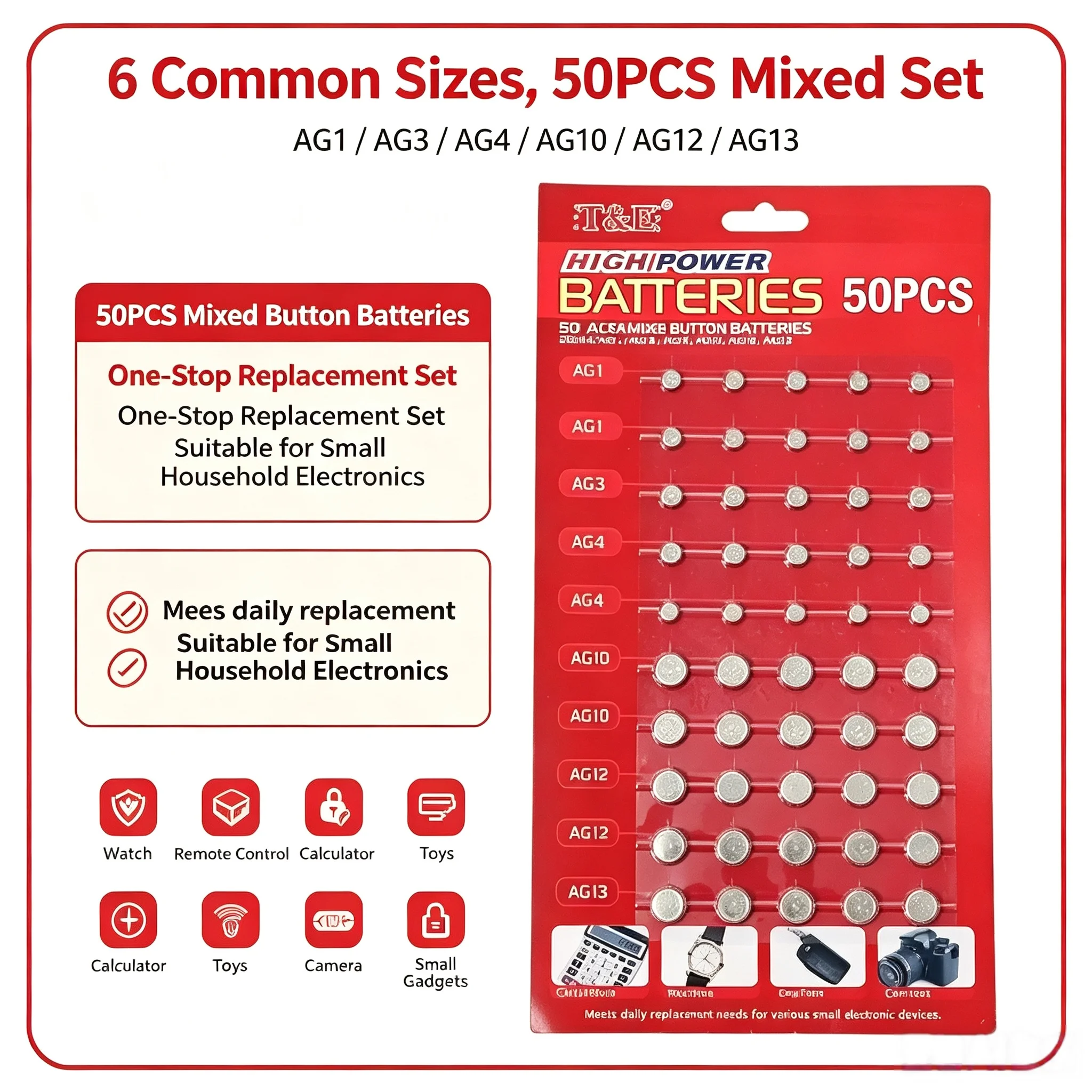 50PCS/Card AG1 AG3 AG4 AG5 AG12 AG13 LR44 SR44 Battery 1.5V Coin Cell For Toys Watch Remote Control Bulk Supply Button Batteries