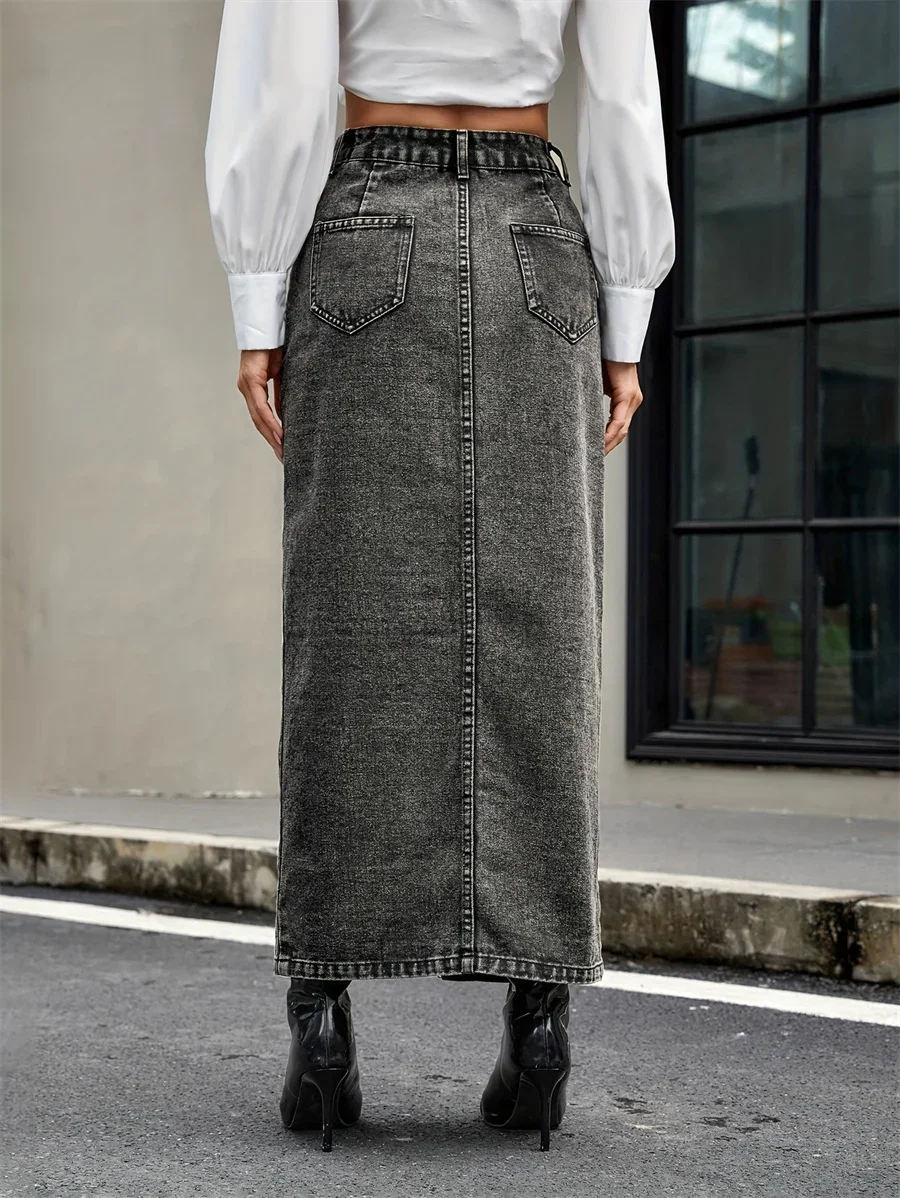 미국 streetwear 버튼 프론트 데님 스커트 여성 가을 ​​새로운 복고풍 패션 하이 웨스트 스트레이트 진 롱 스커트