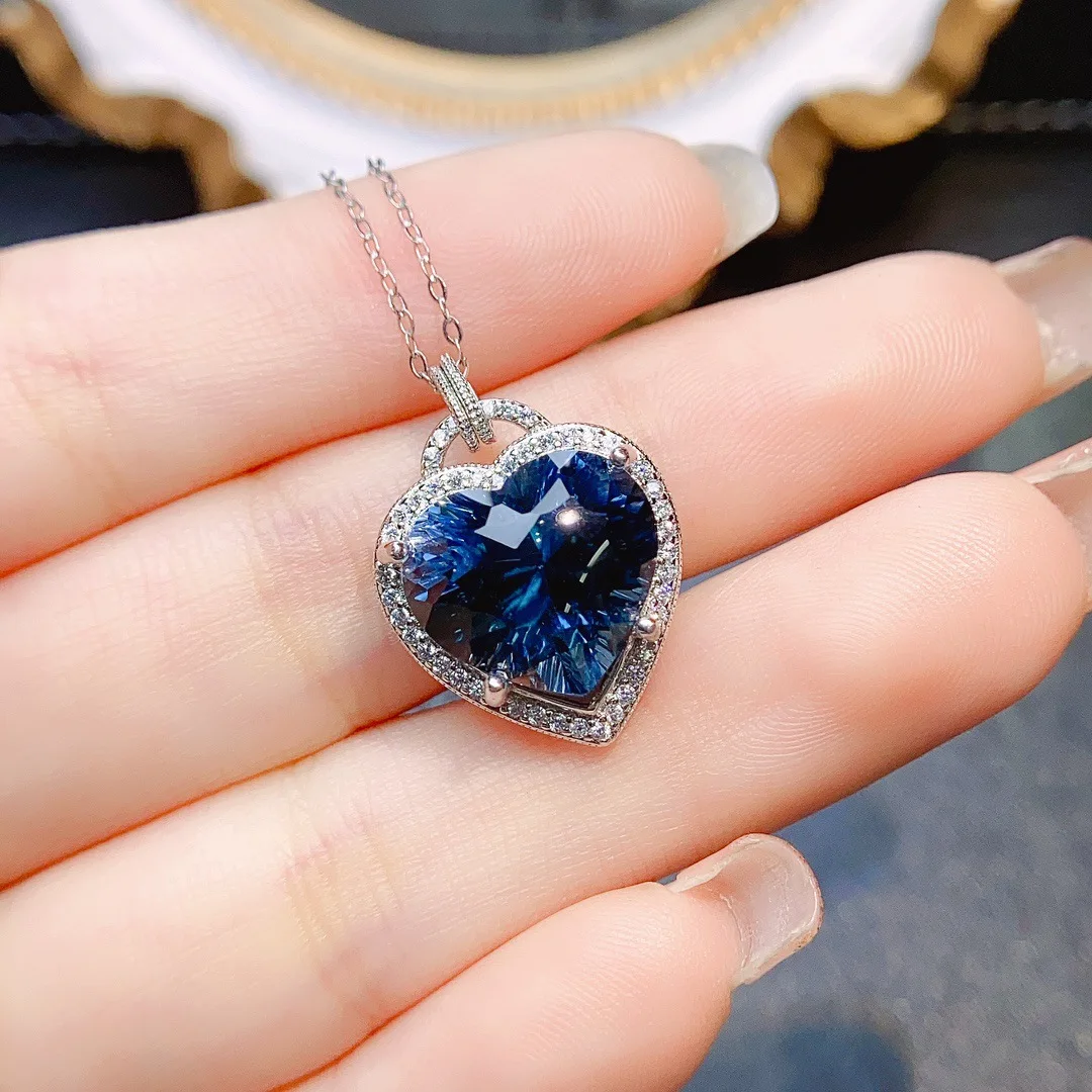 

13*13mm Natural Topaz Pendant Necklace, S925 Sterling Silver Heart Shape with Single Diamond, Elegant Blue Gemstone Gift