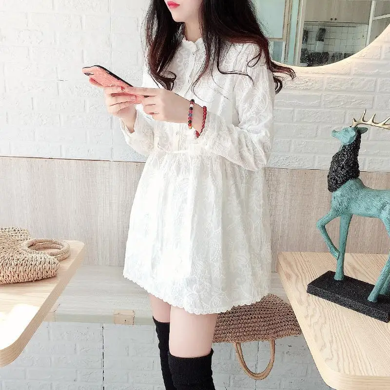 Doll Shirt Top Korean Version Medium Long Sweet Western-style Palace Style Embroidered Waist Cinching White Shirt Women\'s Skirt