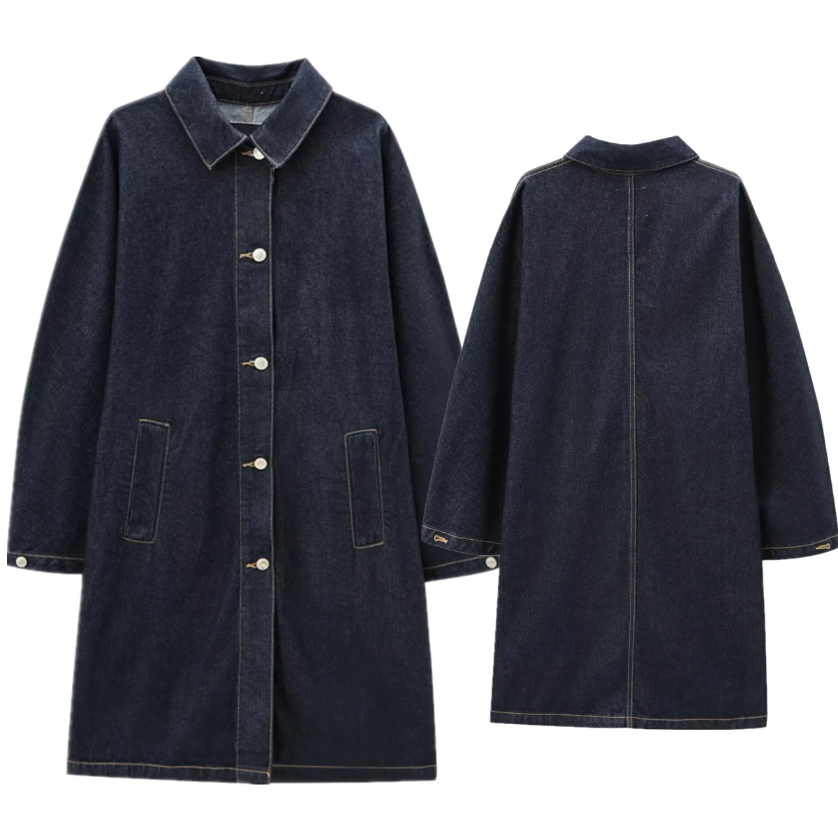 

Maxdutti 2024 AW Minimalist Denim Long Jacket Overcoat Women Single Breasted Loose Denim Trench Coat