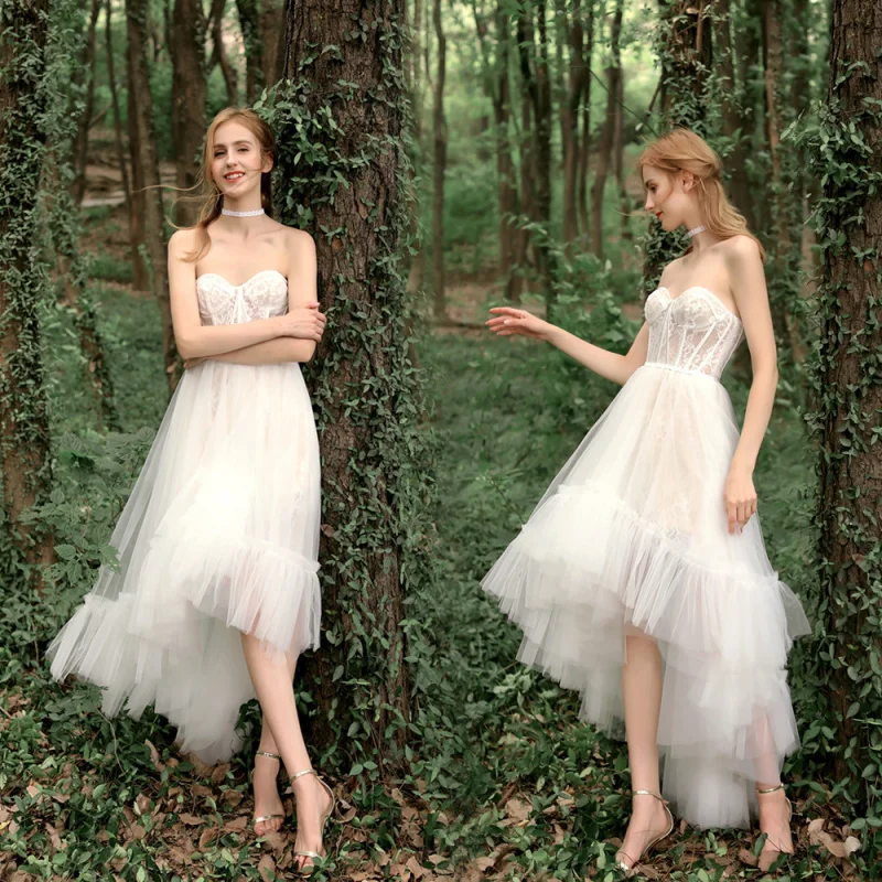 

French Style High-End Forest Style Outdoor Gown Dress Strapless Front Short Back Long Lawn White Marriage Certificate