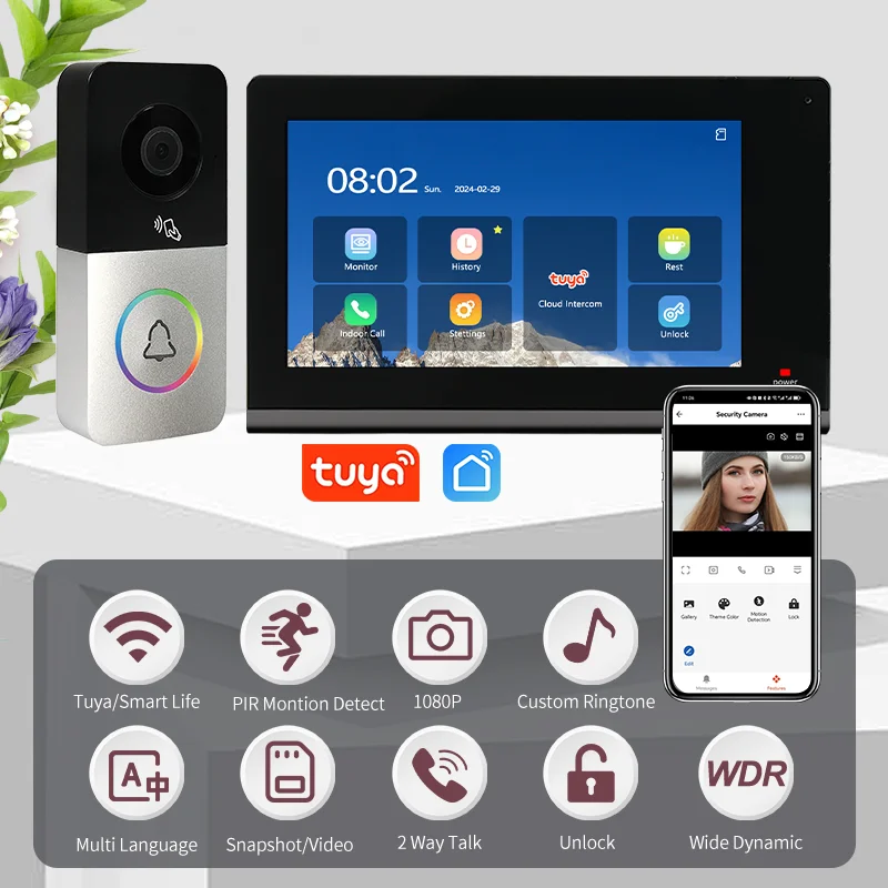 Sistema de intercomunicación para teléfono y puerta, intercomunicador con detección de movimiento PIR, grabación de vídeo, WIFI, TUYA