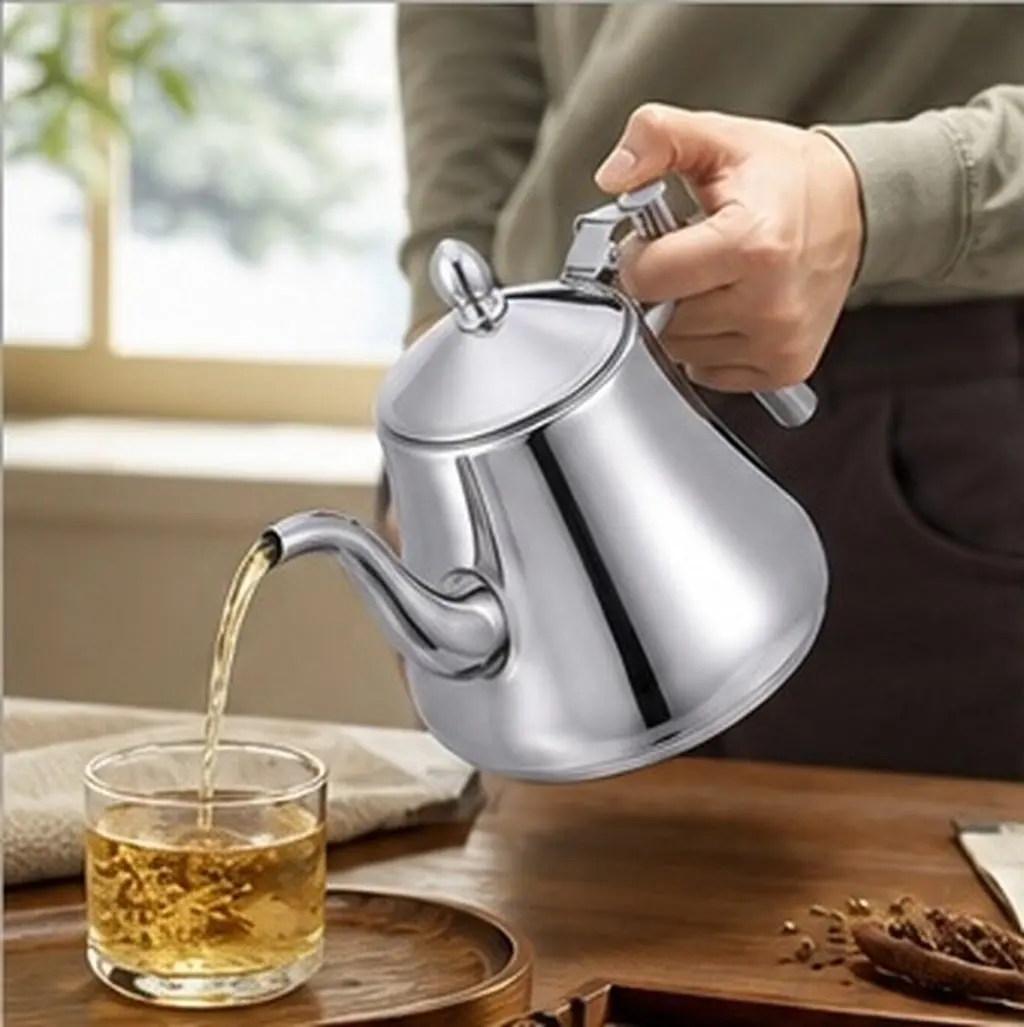1L Stainless Steel Tea Pot Tea Kettle Inner Strainer Easy Clean Stylish Glossy Surface Home Restaurant Use Teapot